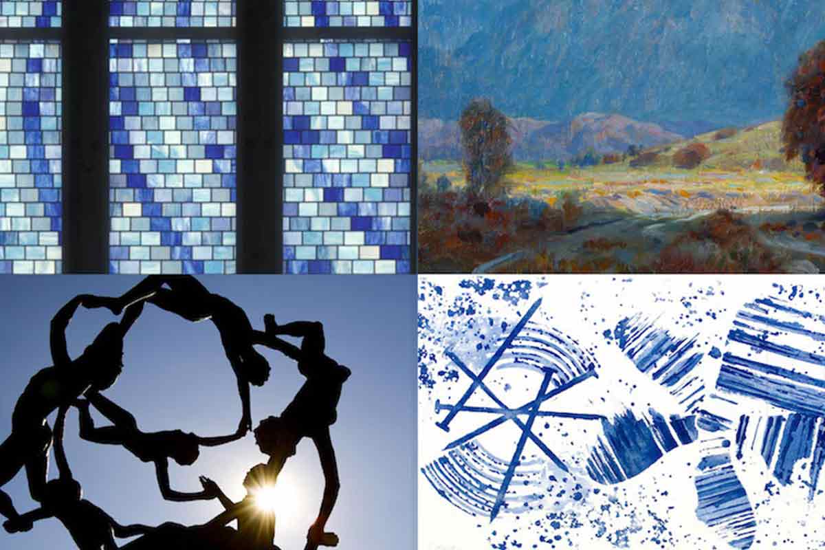 Details of stained glass window, oil painting, outdoor sculpture, and graphic print from the collection