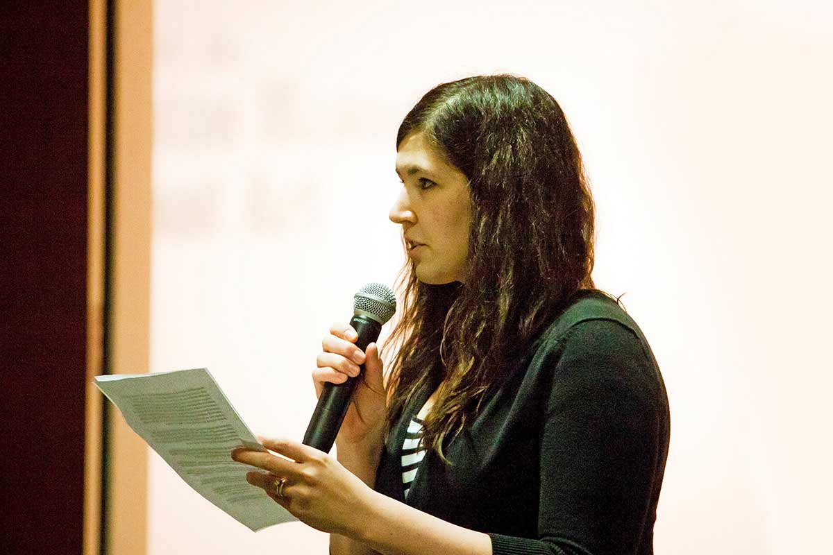 Art History graduate Gretchen Barau in a speaking event.