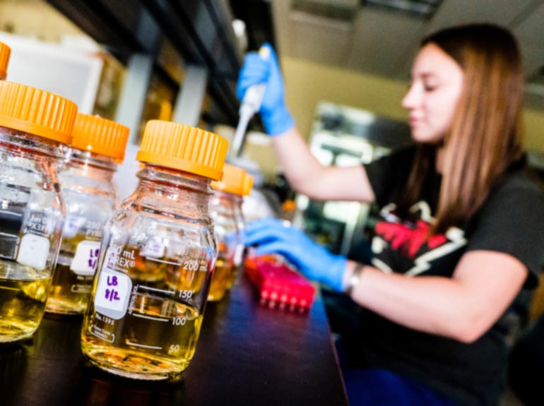 Bottles of yellow liquid in the foreground and a student in the background working in a lab. 