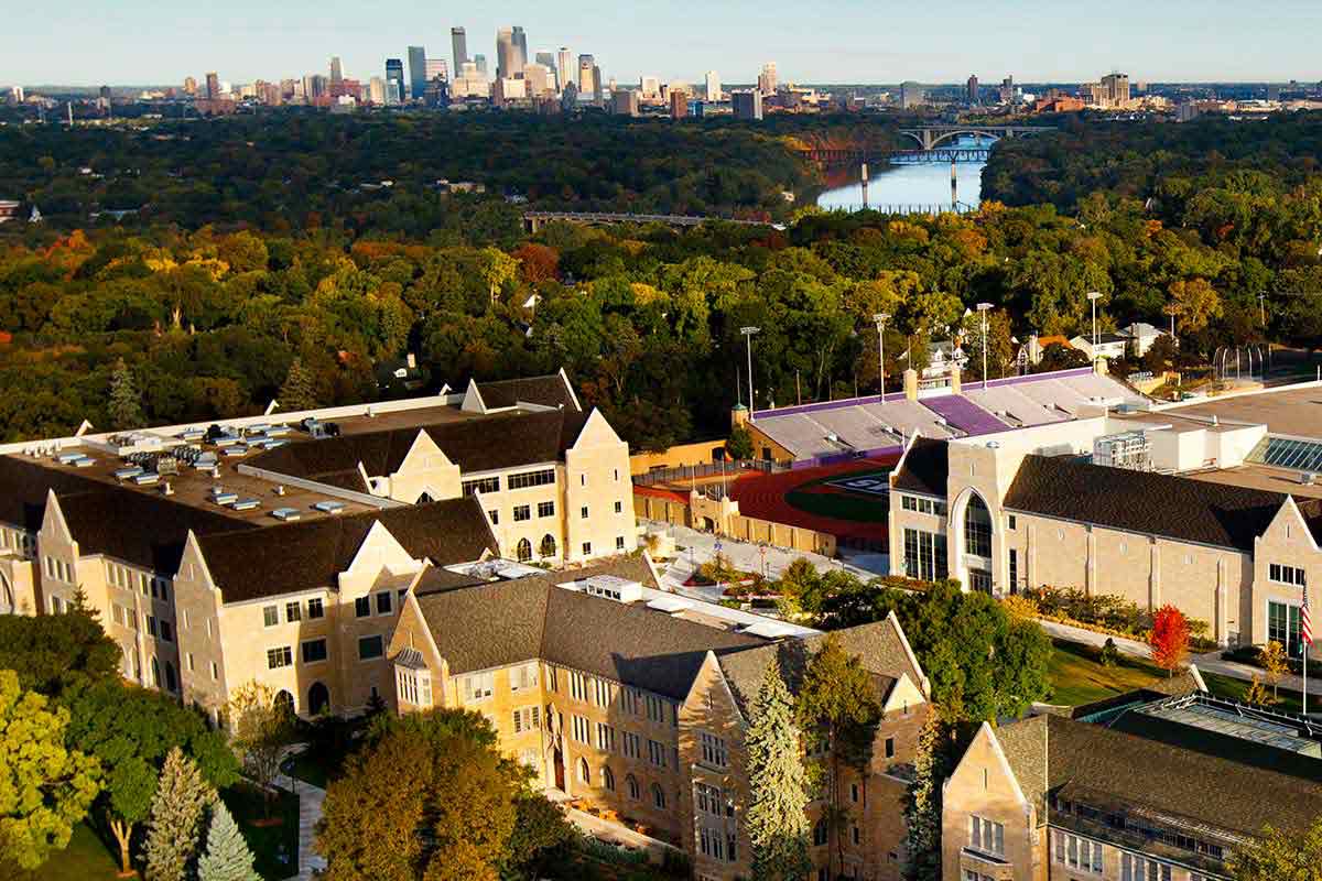The Minneapolis skyline as seen from the St. Thomas St. Paul campus
