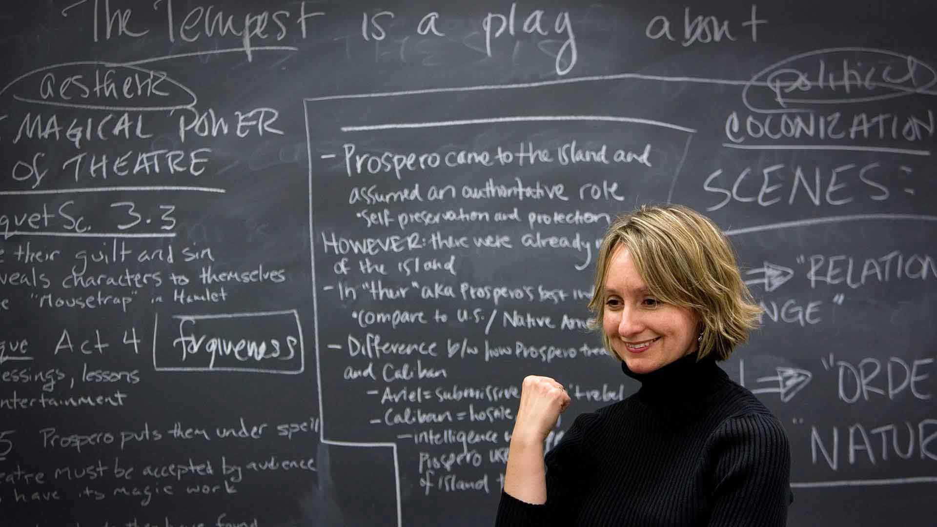 Dr. Amy Muse in front a chalkboard teaches a class on The Tempest