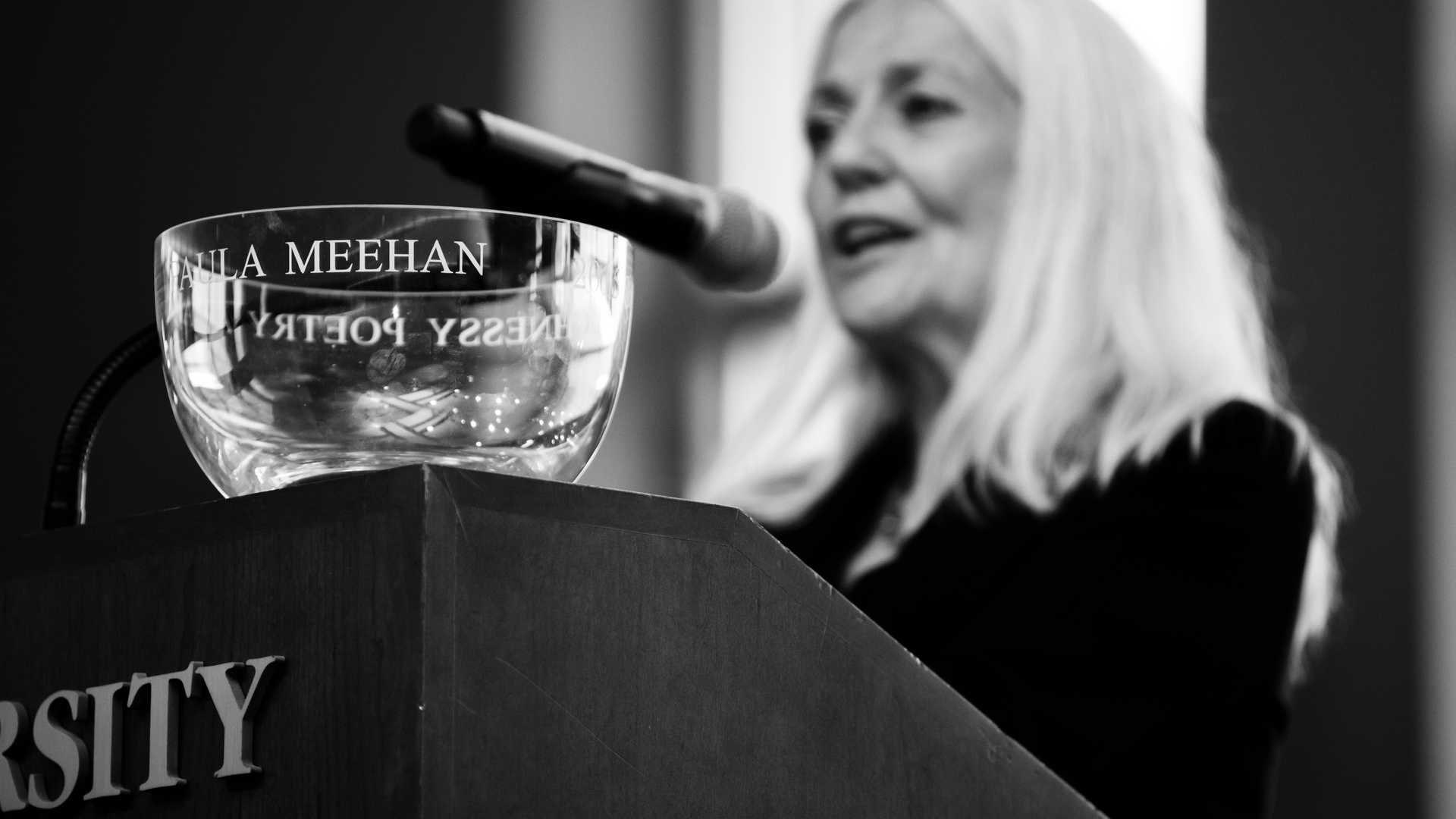 Paula Meehan accepts award at Irish Poetry Society Reception. 