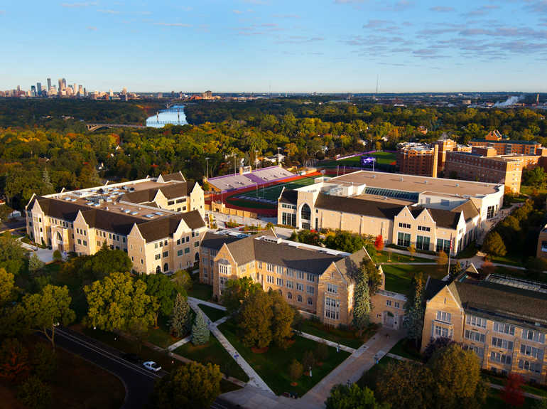 Aerial view of the St. Paul campus with the Minneapolis skyline