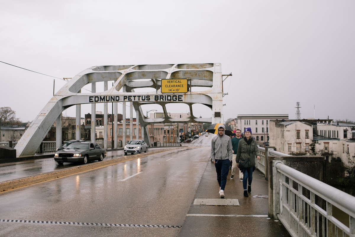 Students visit the Edmund Pettus Bridge in Selma, Alabama