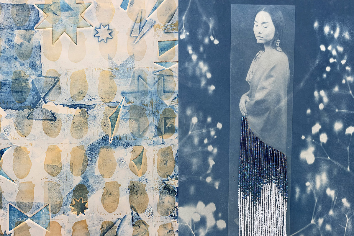 patterned print in blues and creams next to cyanotype of woman in standing pose overlayed with a beaded skirt