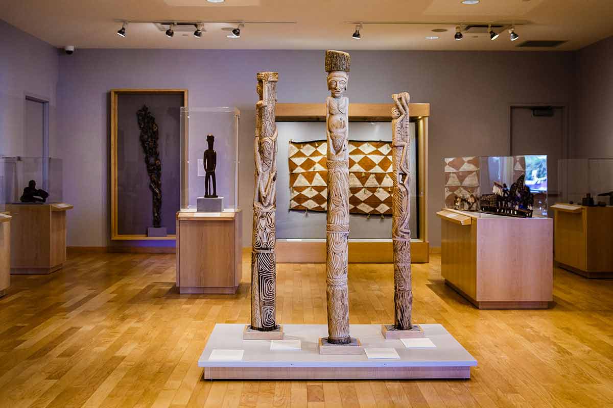 An interior photo of the American Museum of Asmat Art.