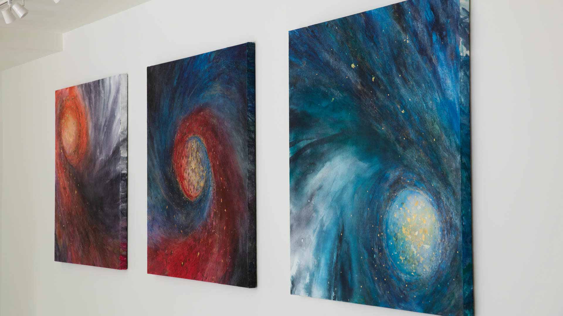 Three pieces of artwork by Kelly Kruse in the Iversen Center for Faith 