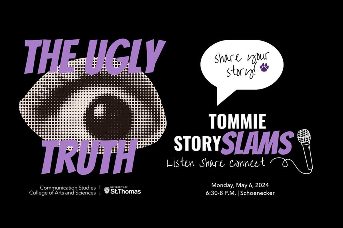 Advertisement for a past StorySlam event with the theme "Love Hurts." A large, wide-open eyeball is featured on a black background.