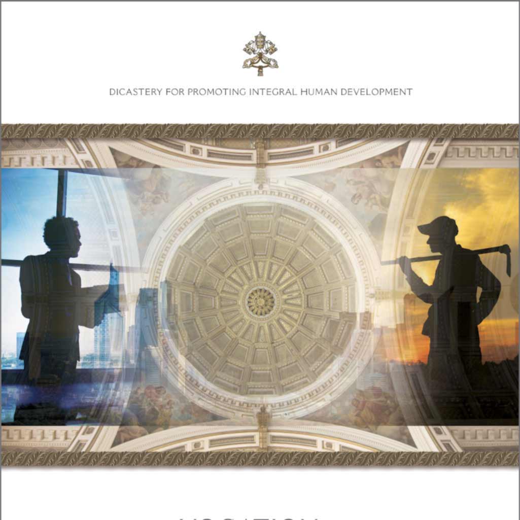 Photo of St. Peter’s dome and male business executive silhouette on Holy See Dicastery for Promoting Integral Human Development on business and vocation publication.