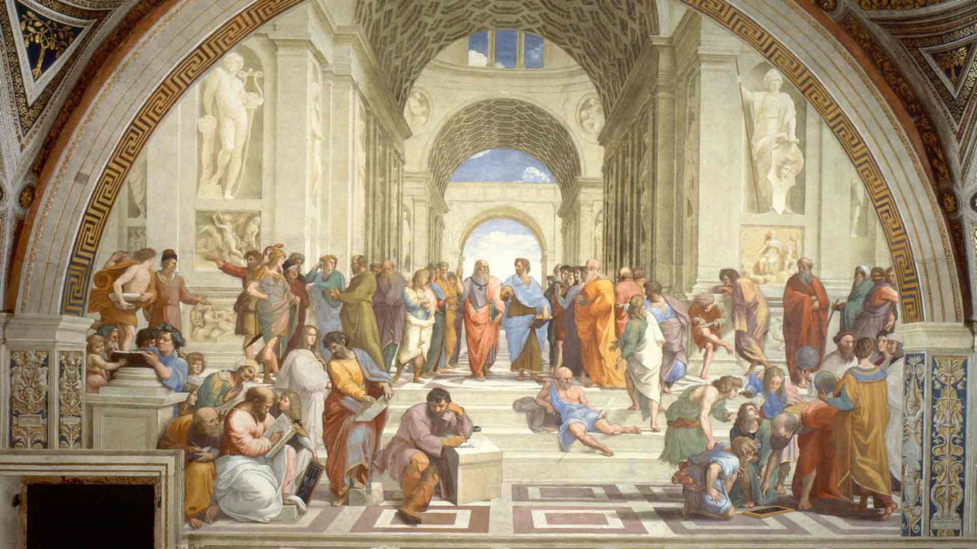 Photo of Raphael Pontifical palace picture of The School of Athens with Aristotle and Plato.