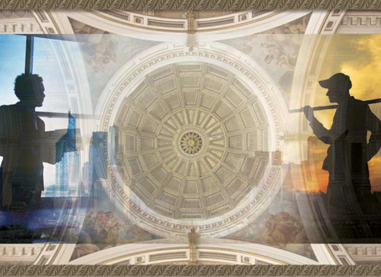 Photo of St. Peter’s dome and male business executive silhouette on Holy See Dicastery for Promoting Integral Human Development on business and vocation publication.