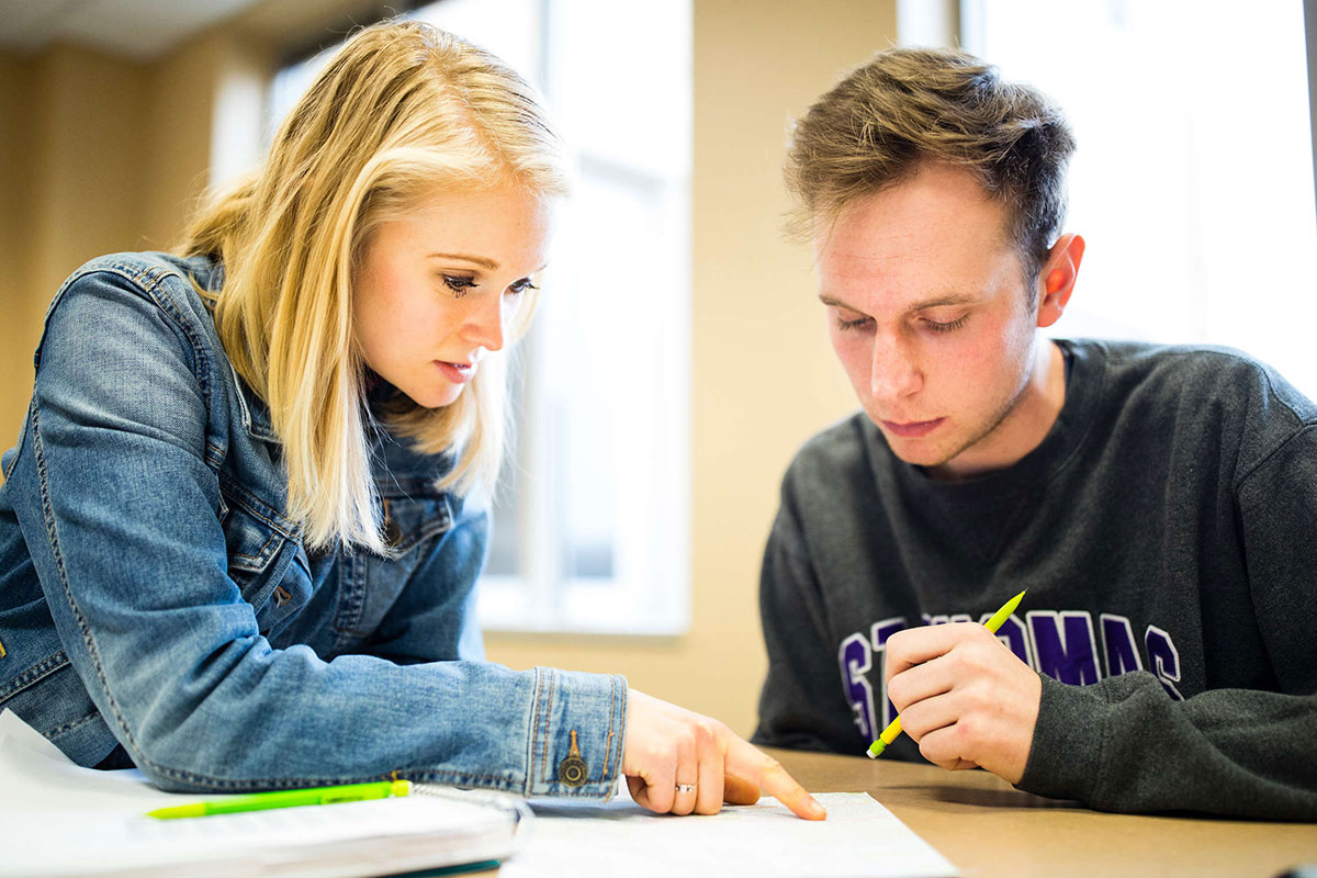 Two students looking over an assignment during a tutoring session. 