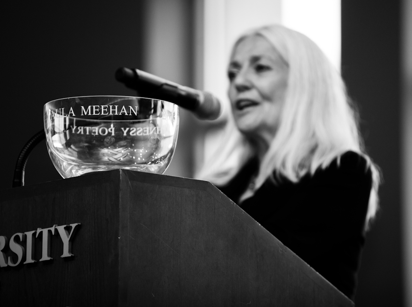 Paula Meehan accepts the Lawrence O’Shaughnessy Award for Poetry.