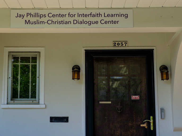 Front door entrance of the Jay Phillips Center for Interreligious Studies building. 