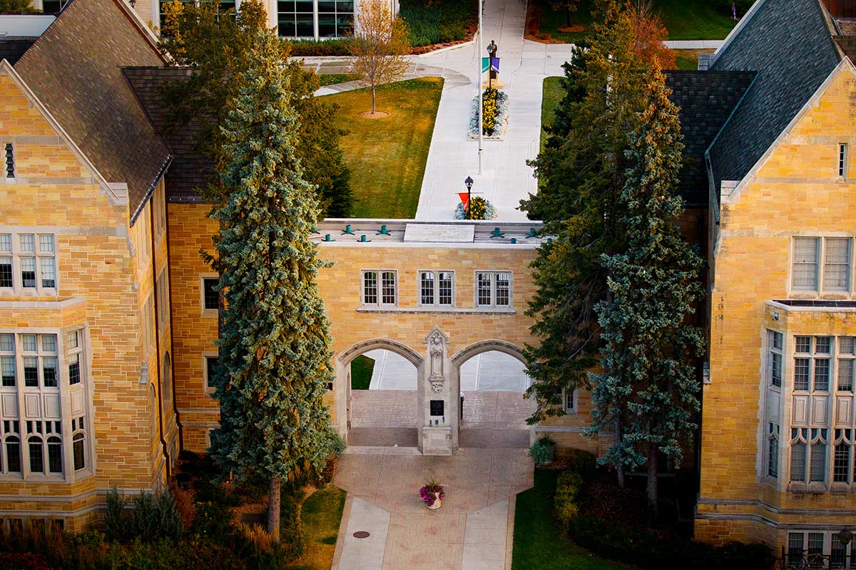 An aerial shot of the University of St. Thomas arches.