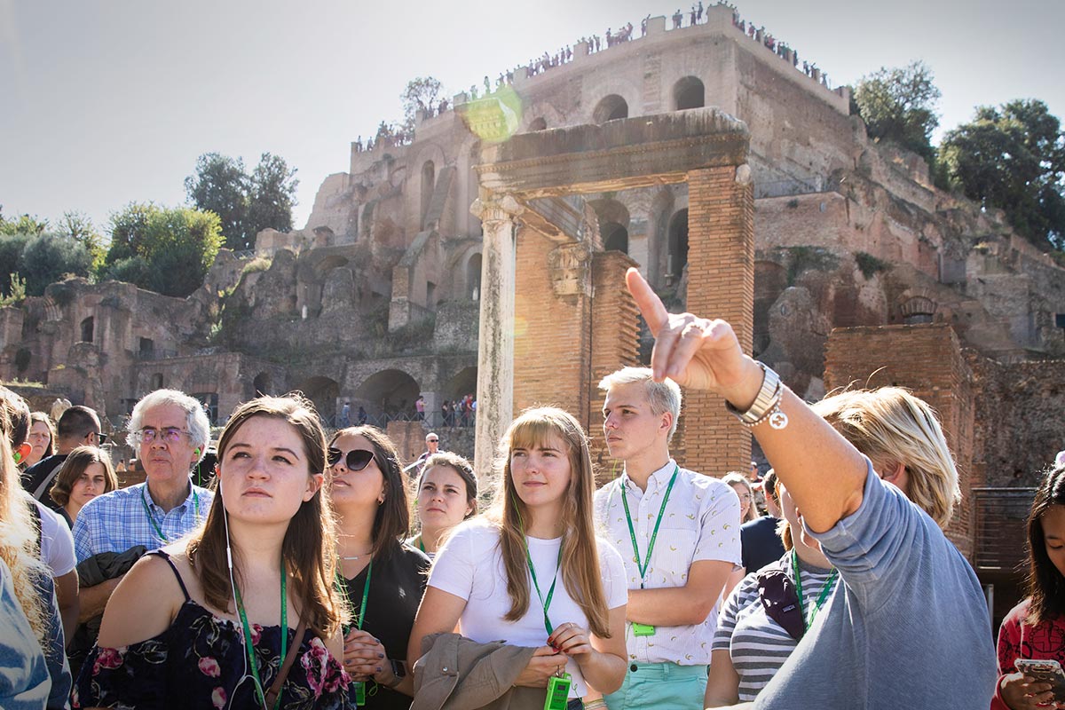 Students in the University of St. Thomas’ College of Arts and Sciences study abroad program in Rome, Italy go on a walking tour of the Roman Forum and other ancient Roman ruins neighboring the Colosseum.