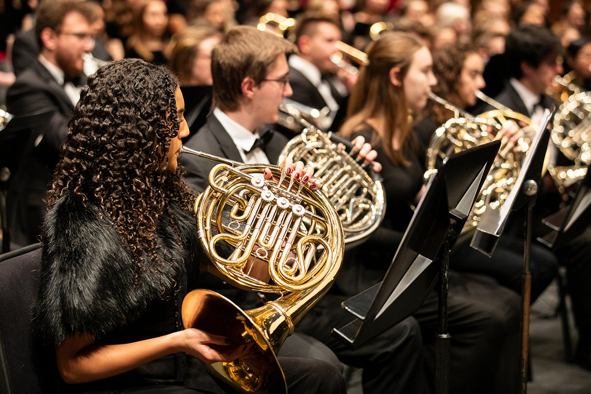 The symphonic wind ensemble performs during the University of St. Thomas’ annual Christmas concert at Orchestra Hall