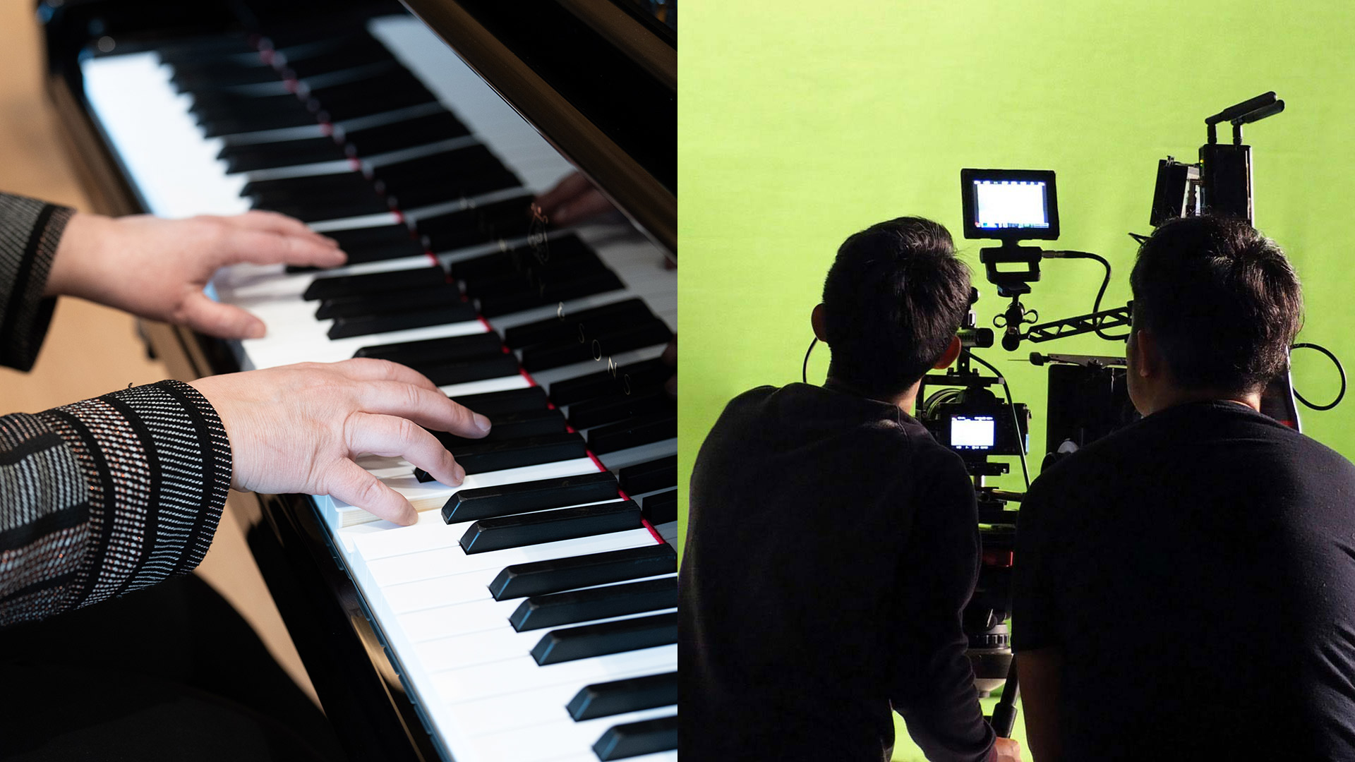 On the left, hands on a piano keyboard, and on the right, two students handle film equipment