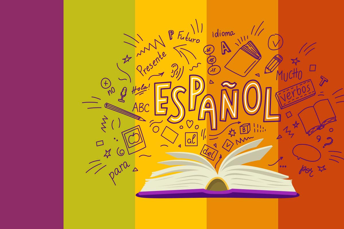cartoon of a book with Spanish terminology coming out of it