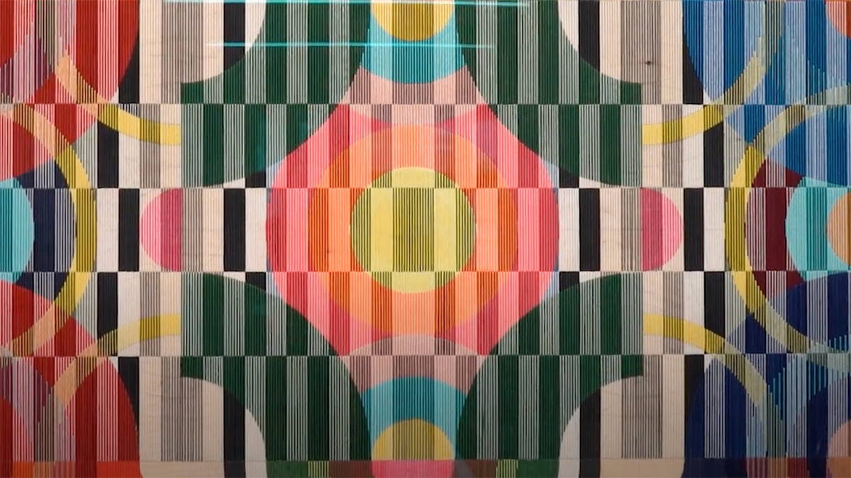Detail of Tia Keobounpheng work featuring colorful geometric shapes