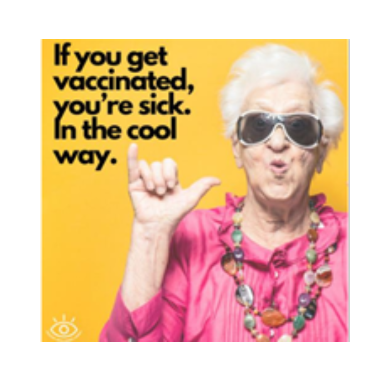 Flu ad that says if you get vaccinated, you're sick. In the cool way featuring a grandma wearing sunglasses.